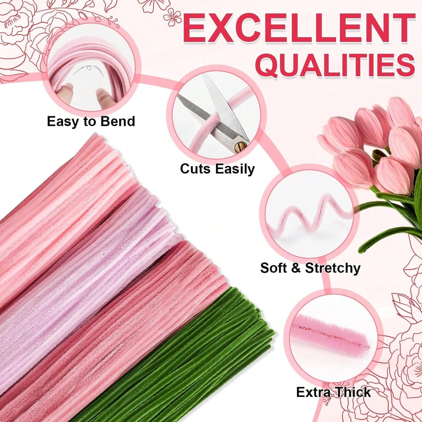 576Pcs Multi-Color Pipe Cleaner Flower Bouquet DIY Kit, Soft Fuzzy Chenille Stems Craft Supplies, 400 Assorted Pipe Cleaners, Floral Stems, Floral Tape, Step-By-Step Guide & Tutorial Video, Beginner H