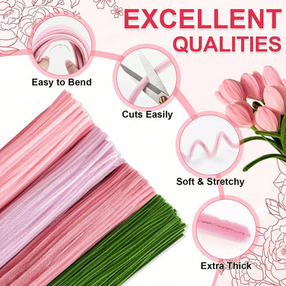 576Pcs Multi-Color Pipe Cleaner Flower Bouquet DIY Kit, Soft Fuzzy Chenille Stems Craft Supplies, 400 Assorted Pipe Cleaners, Floral Stems, Floral Tape, Step-By-Step Guide & Tutorial Video, Beginner H