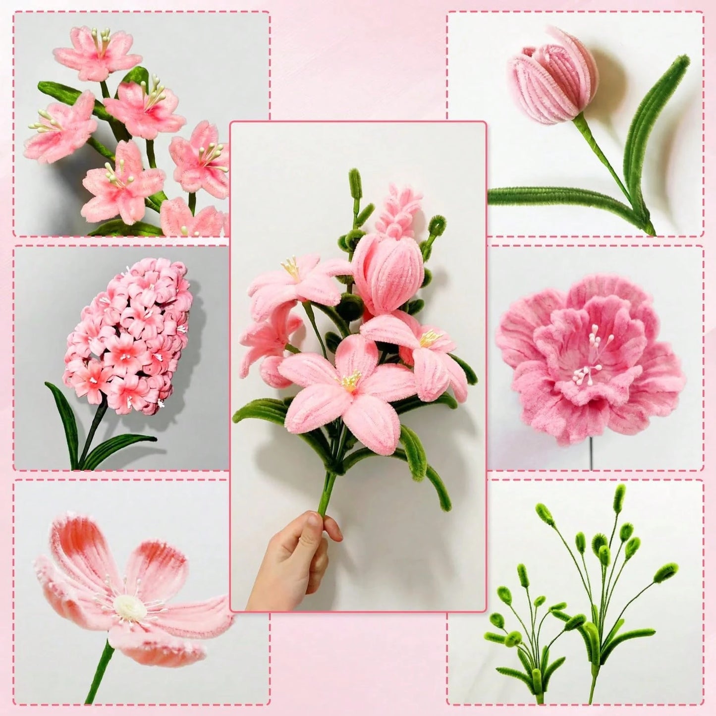 576Pcs Multi-Color Pipe Cleaner Flower Bouquet DIY Kit, Soft Fuzzy Chenille Stems Craft Supplies, 400 Assorted Pipe Cleaners, Floral Stems, Floral Tape, Step-By-Step Guide & Tutorial Video, Beginner H