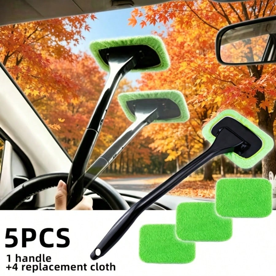 5pcs Car Cleaning Set, 1 Handle + 4 Replacement Cloths, Windshield Cleaning Tool, Reusable Cloth Pads, Car Interior Window Cleaning Stick, Car Wiper Cleaning Brush, For Dust Cleaning