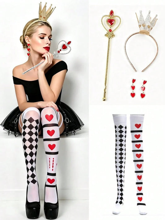5pcs Heart Queen Costume Accessories Set For Women- Heart Crown, Red Heart Earrings, Magic Wand And Socks, Halloween Role Play Party Costume