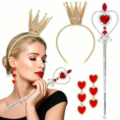 5pcs Heart Queen Costume Accessories Set For Women- Heart Crown, Red Heart Earrings, Magic Wand And Socks, Halloween Role Play Party Costume