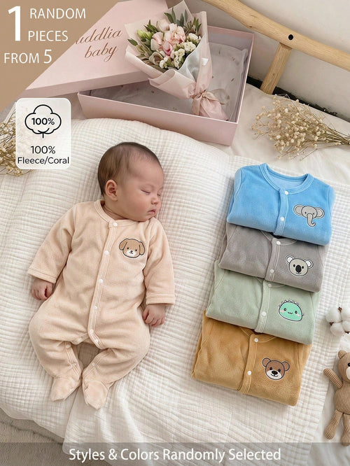 5pcs Randomly Sent 1pc Autumn/Winter Newborn Home Wear Jumpsuit Cute Puppy Elephant Koala Embroidery Apricot Green Blue Khaki Grey Single-Sided Crystal Plush Plush Casual Minimalist Long Sleeve