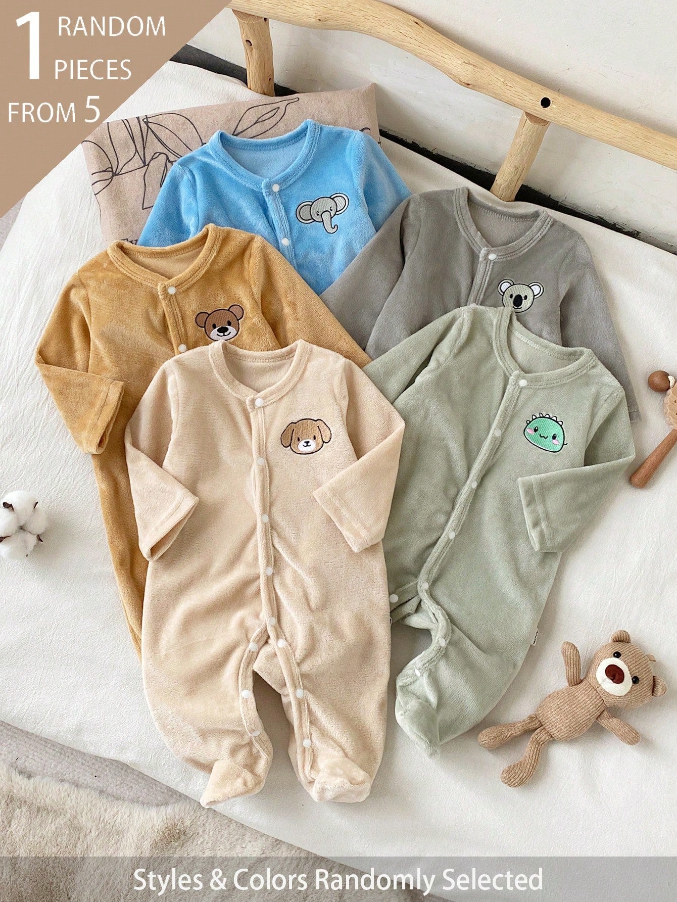 5pcs Randomly Sent 1pc Autumn/Winter Newborn Home Wear Jumpsuit Cute Puppy Elephant Koala Embroidery Apricot Green Blue Khaki Grey Single-Sided Crystal Plush Plush Casual Minimalist Long Sleeve