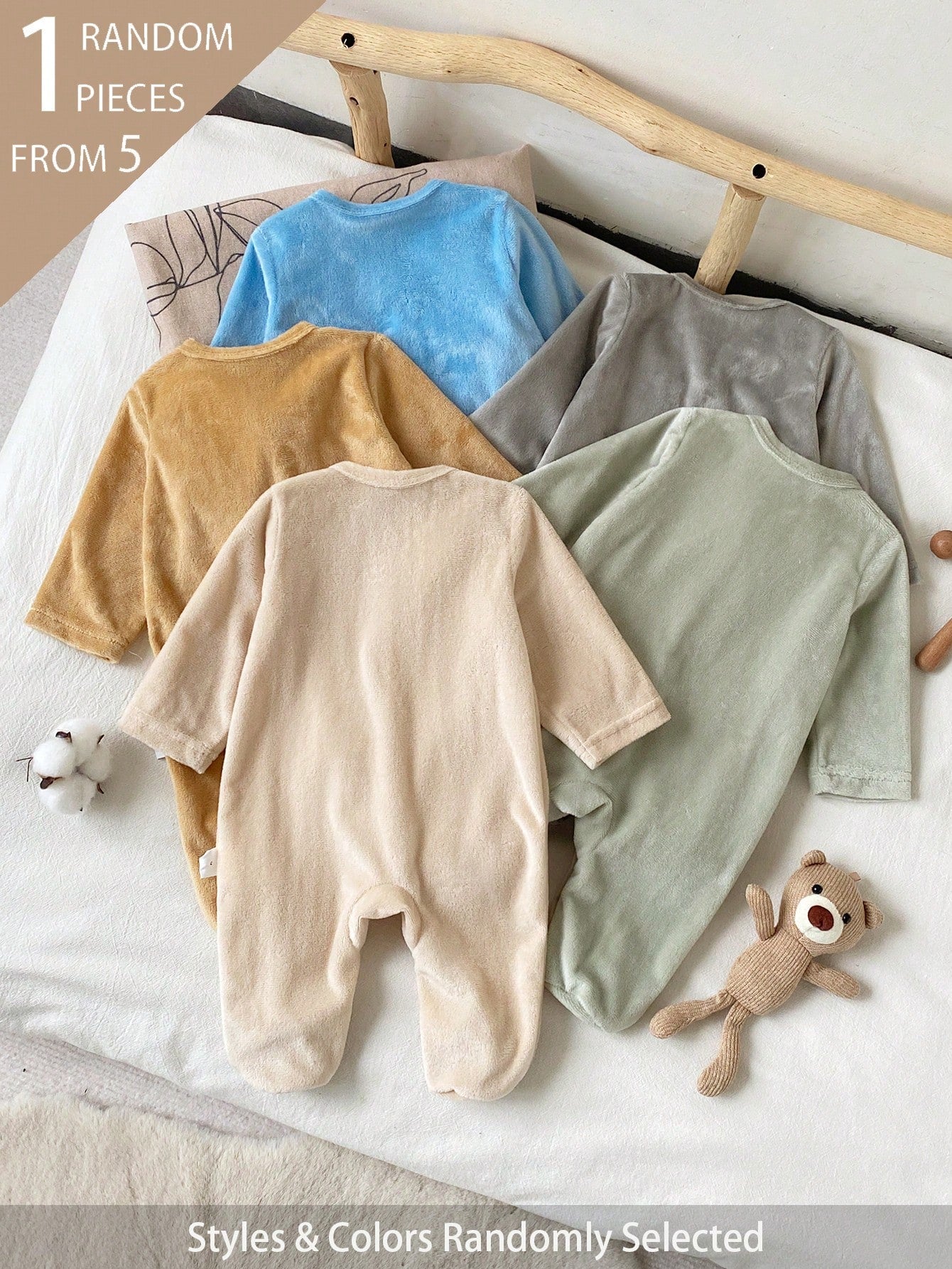 5pcs Randomly Sent 1pc Autumn/Winter Newborn Home Wear Jumpsuit Cute Puppy Elephant Koala Embroidery Apricot Green Blue Khaki Grey Single-Sided Crystal Plush Plush Casual Minimalist Long Sleeve