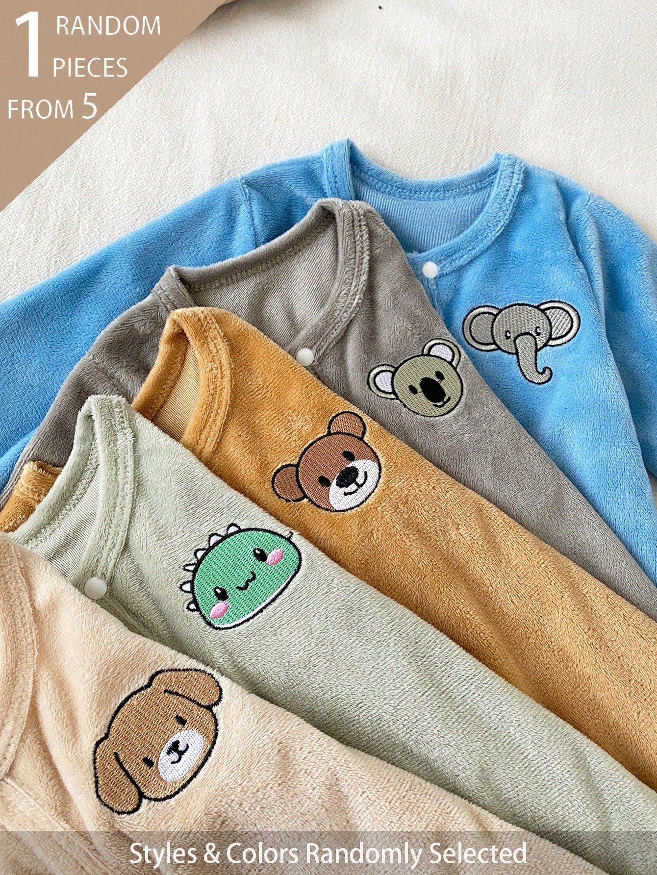 5pcs Randomly Sent 1pc Autumn/Winter Newborn Home Wear Jumpsuit Cute Puppy Elephant Koala Embroidery Apricot Green Blue Khaki Grey Single-Sided Crystal Plush Plush Casual Minimalist Long Sleeve