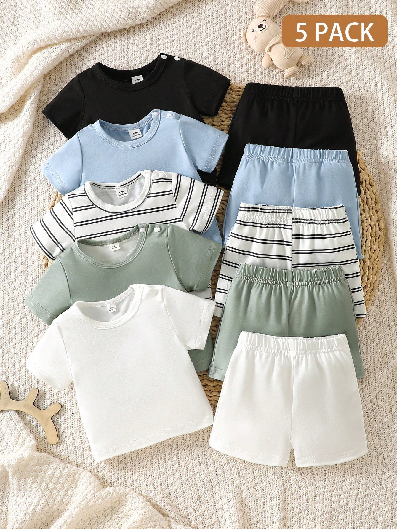 5pcs/Set Newborn Baby Cute Outfit, Short T-Shirt + Pants, Summer