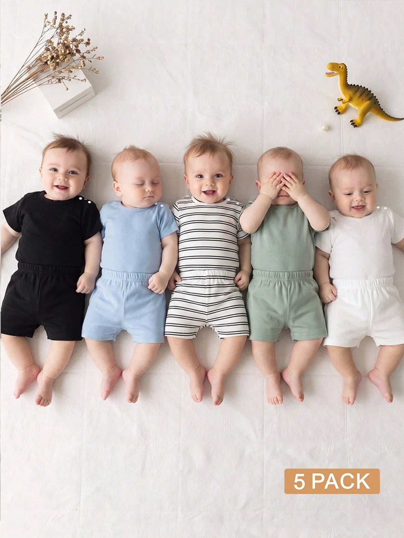 5pcs/Set Newborn Baby Cute Outfit, Short T-Shirt + Pants, Summer
