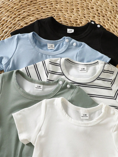 5pcs/Set Newborn Baby Cute Outfit, Short T-Shirt + Pants, Summer