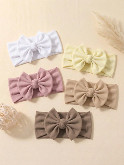 5pcs Summer Coffee Color Nylon Elastic Bow Decor Baby Headband, Soft Skin-Friendly Baby Hair Accessory, Versatile Princess Hair Accessory Suitable For Daily Use In All Seasons
