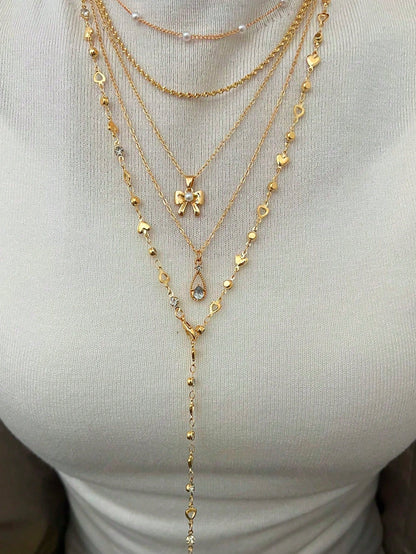 5pcs Y Shaped Necklace Set Fashion Minimalist Elegant Vintage Design Bow Water Drop Heart Rhinestone Faux Pearl Tassel Pendant Holiday Party Daily Wea