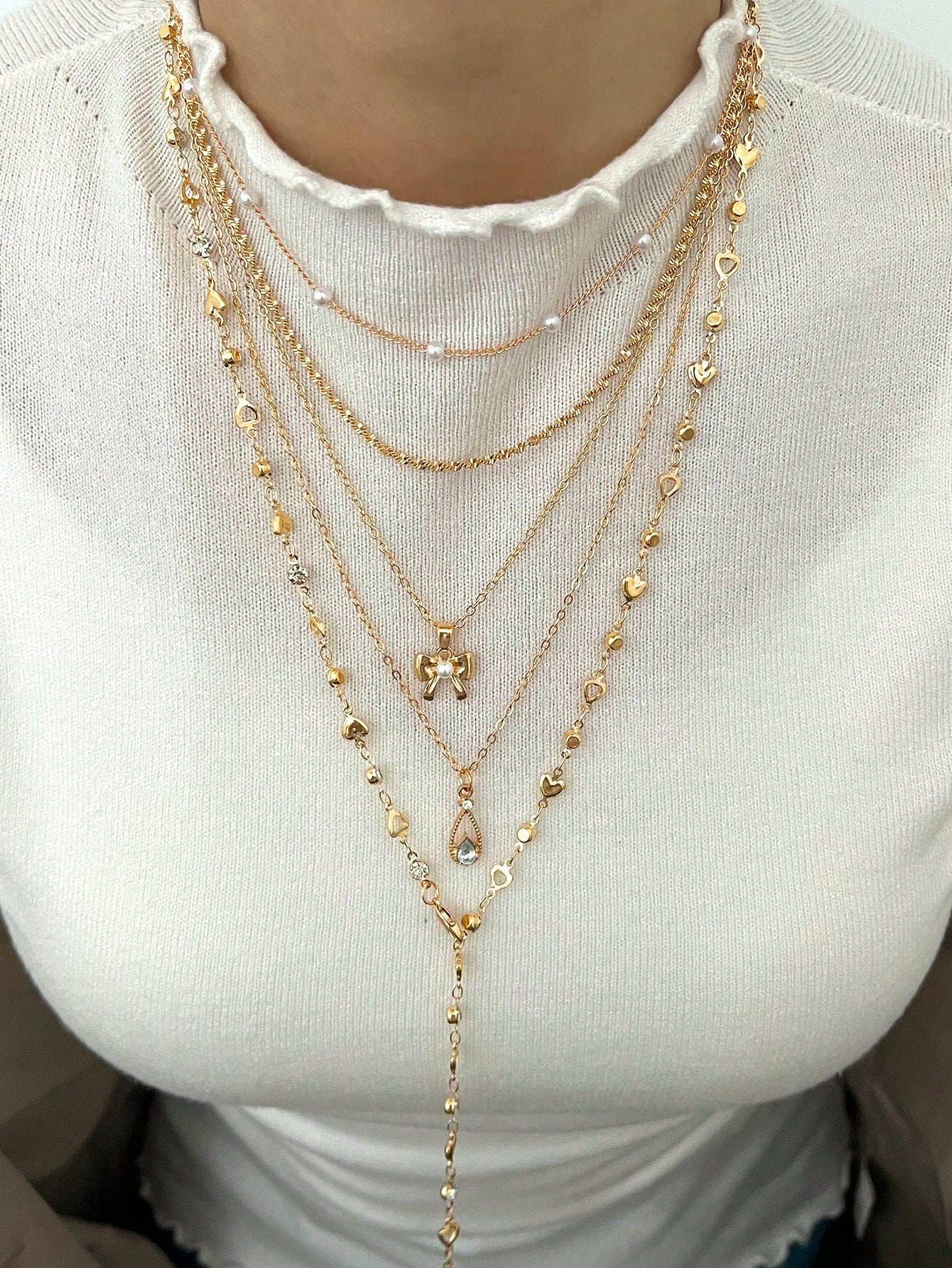 5pcs Y Shaped Necklace Set Fashion Minimalist Elegant Vintage Design Bow Water Drop Heart Rhinestone Faux Pearl Tassel Pendant Holiday Party Daily Wea
