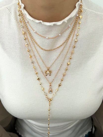 5pcs Y Shaped Necklace Set Fashion Minimalist Elegant Vintage Design Bow Water Drop Heart Rhinestone Faux Pearl Tassel Pendant Holiday Party Daily Wea