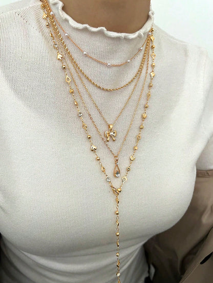 5pcs Y Shaped Necklace Set Fashion Minimalist Elegant Vintage Design Bow Water Drop Heart Rhinestone Faux Pearl Tassel Pendant Holiday Party Daily Wea