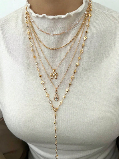 5pcs Y Shaped Necklace Set Fashion Minimalist Elegant Vintage Design Bow Water Drop Heart Rhinestone Faux Pearl Tassel Pendant Holiday Party Daily Wea