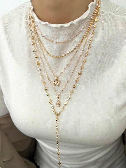 5pcs Y Shaped Necklace Set Fashion Minimalist Elegant Vintage Design Bow Water Drop Heart Rhinestone Faux Pearl Tassel Pendant Holiday Party Daily Wea