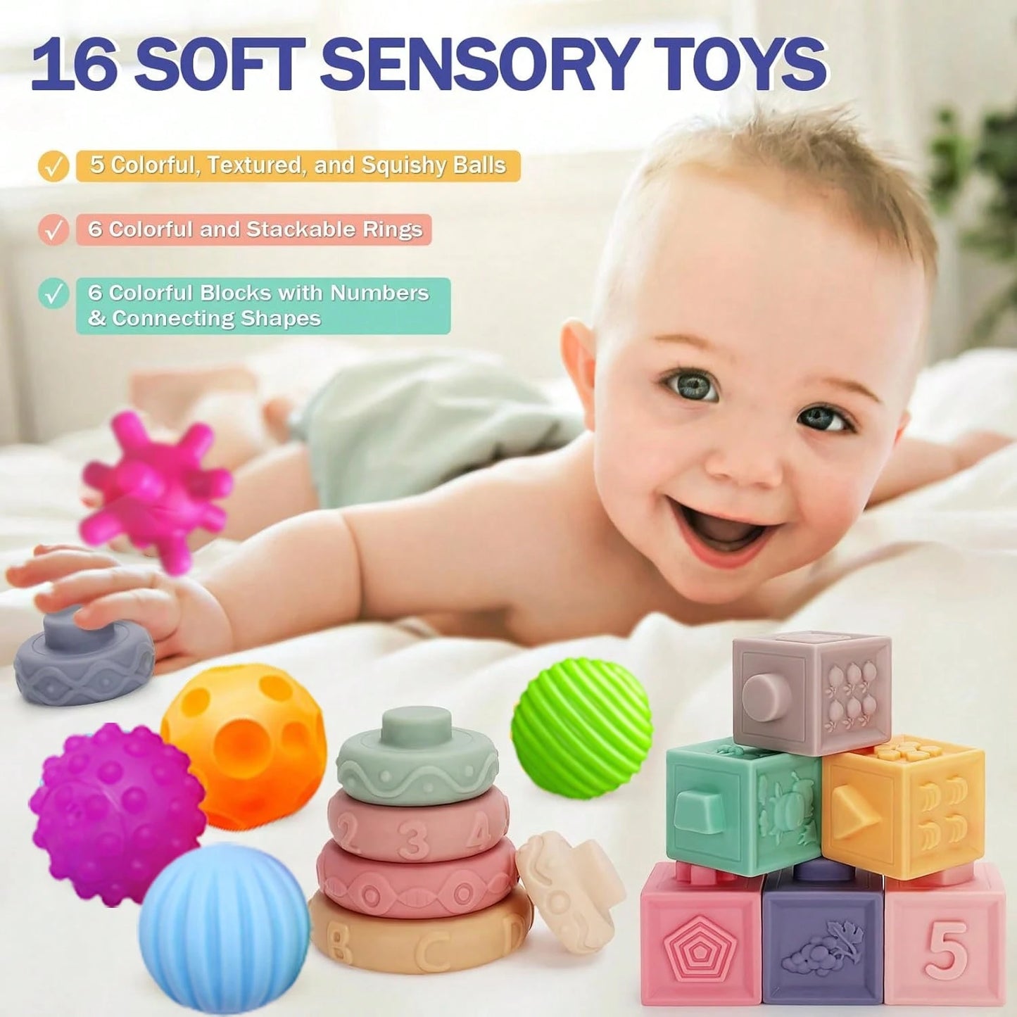 6-12 Months Baby Toys, Montessori Toys For 6-12 Months Infants, Including Stacking Blocks And Soft Baby Teething Toys And Sensory Balls, Suitable For 6-9-12 Months Toddlers- With Storage Box