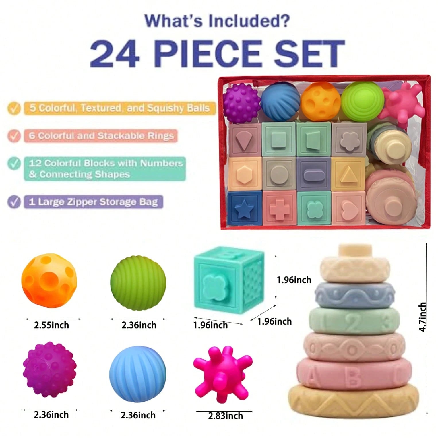 6-12 Months Baby Toys, Montessori Toys For 6-12 Months Infants, Including Stacking Blocks And Soft Baby Teething Toys And Sensory Balls, Suitable For 6-9-12 Months Toddlers- With Storage Box