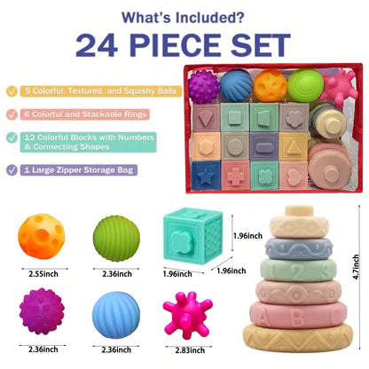 6-12 Months Baby Toys, Montessori Toys For 6-12 Months Infants, Including Stacking Blocks And Soft Baby Teething Toys And Sensory Balls, Suitable For 6-9-12 Months Toddlers- With Storage Box