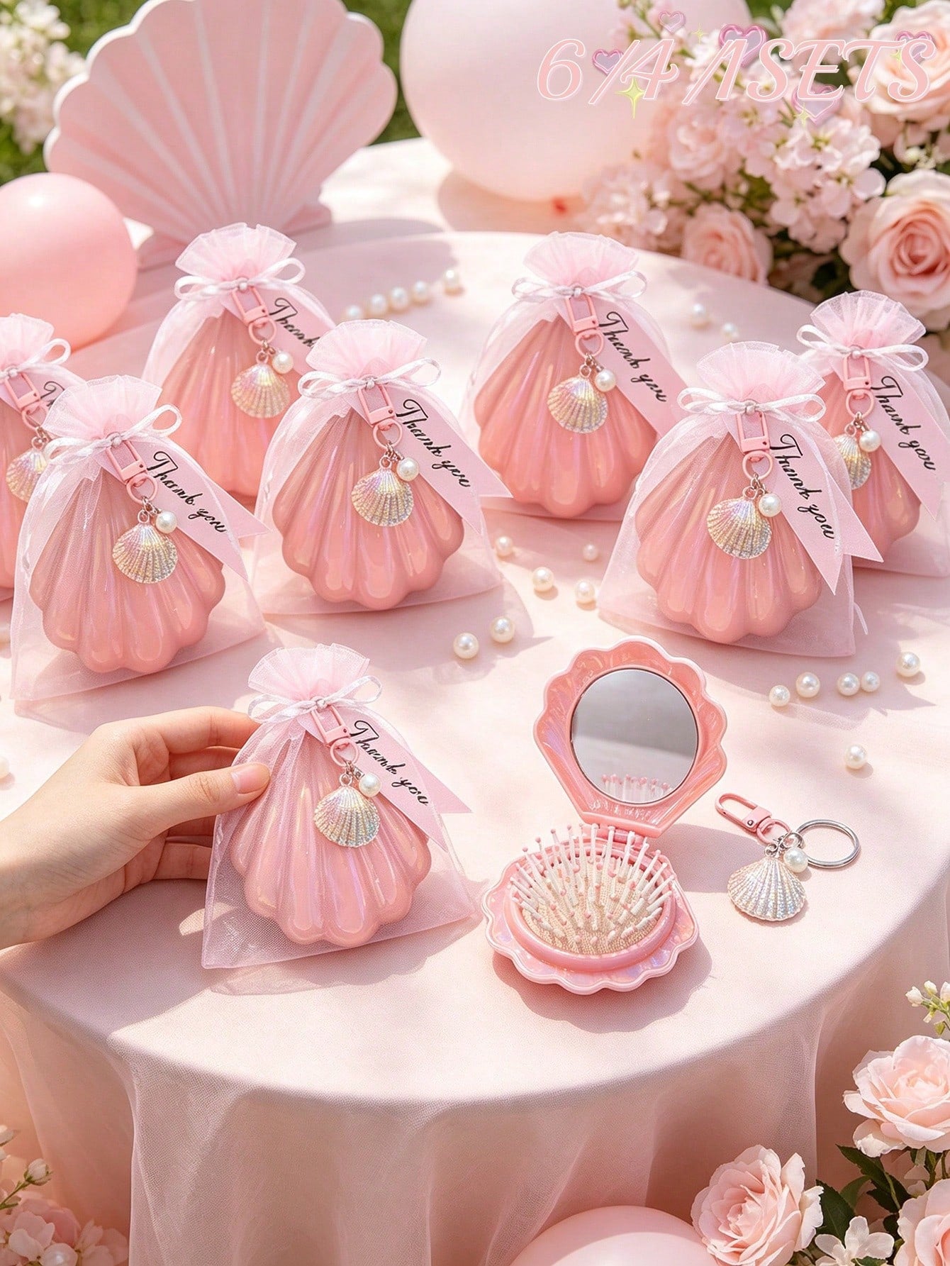 6/4/1 Set- Pink Shell-Shaped Mini Folding Travel Comb With Mirror, Shell Pearl Keychain With Pink Organza Bag And Thank You Card Gift Set- DIY Fillable Gift Bag, Gift Packaging Bag Thank You Gift, I