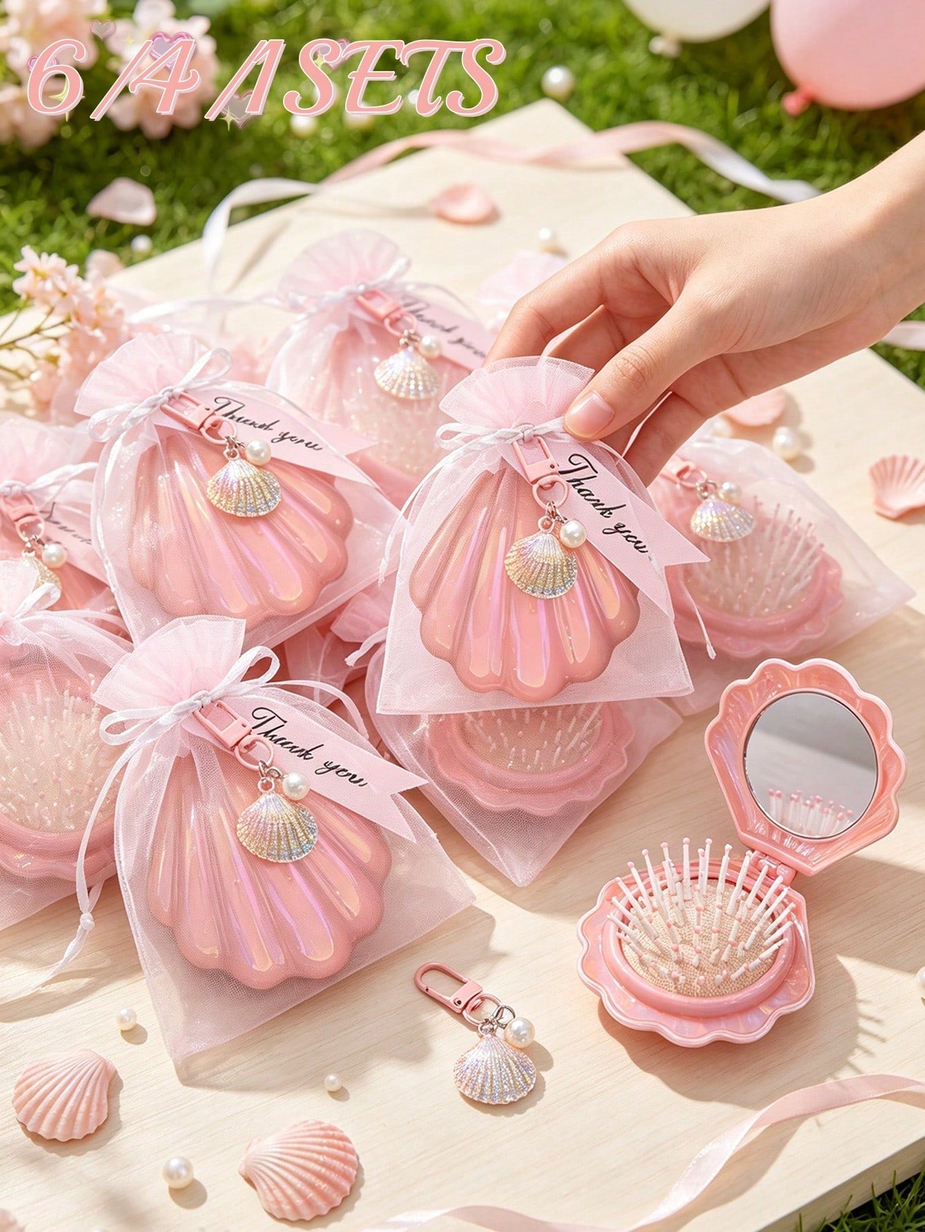 6/4/1 Set- Pink Shell-Shaped Mini Folding Travel Comb With Mirror, Shell Pearl Keychain With Pink Organza Bag And Thank You Card Gift Set- DIY Fillable Gift Bag, Gift Packaging Bag Thank You Gift, I