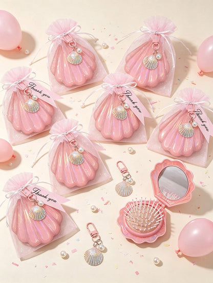 6/4/1 Set- Pink Shell-Shaped Mini Folding Travel Comb With Mirror, Shell Pearl Keychain With Pink Organza Bag And Thank You Card Gift Set- DIY Fillable Gift Bag, Gift Packaging Bag Thank You Gift, I