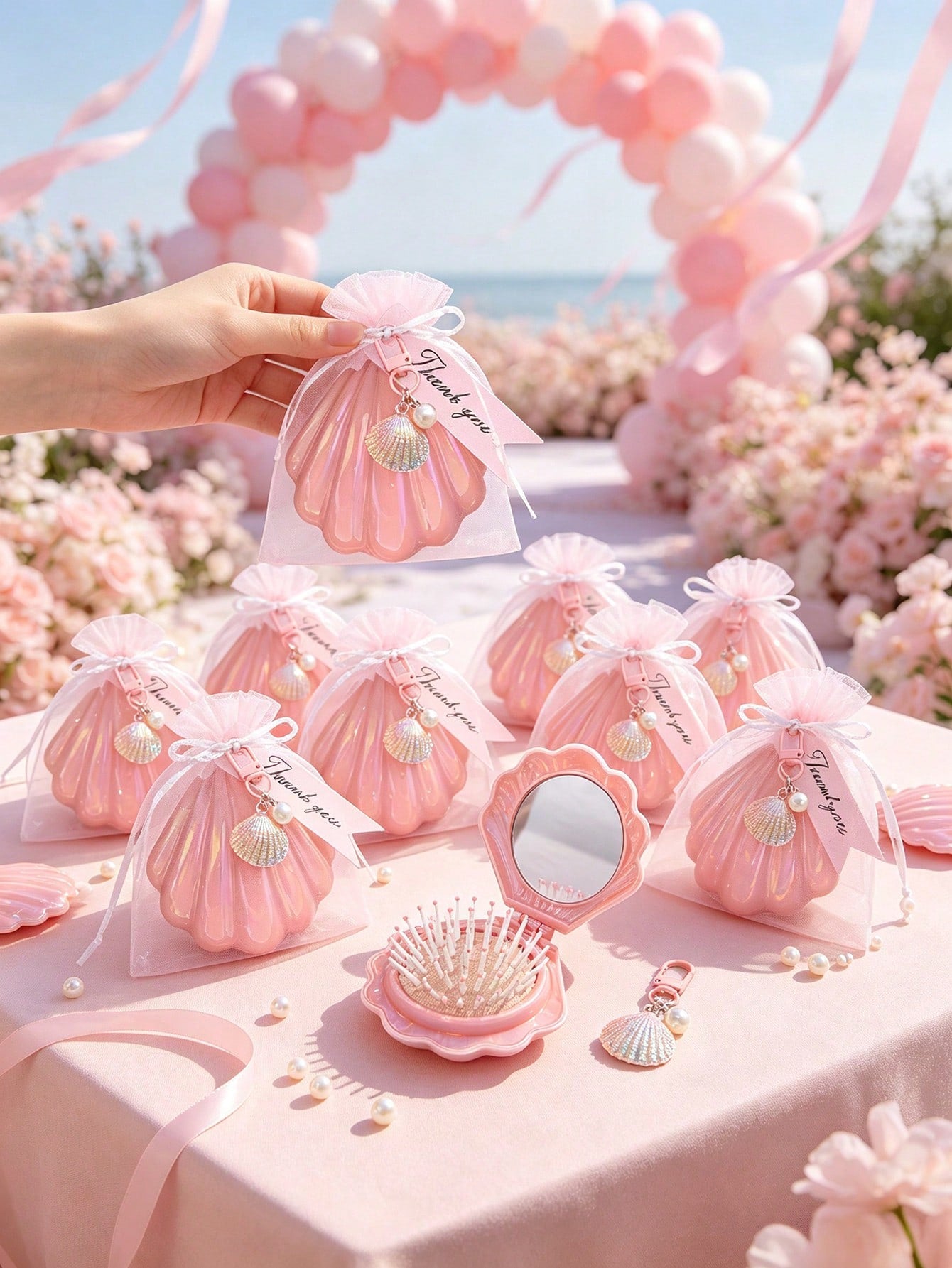 6/4/1 Set- Pink Shell-Shaped Mini Folding Travel Comb With Mirror, Shell Pearl Keychain With Pink Organza Bag And Thank You Card Gift Set- DIY Fillable Gift Bag, Gift Packaging Bag Thank You Gift, I