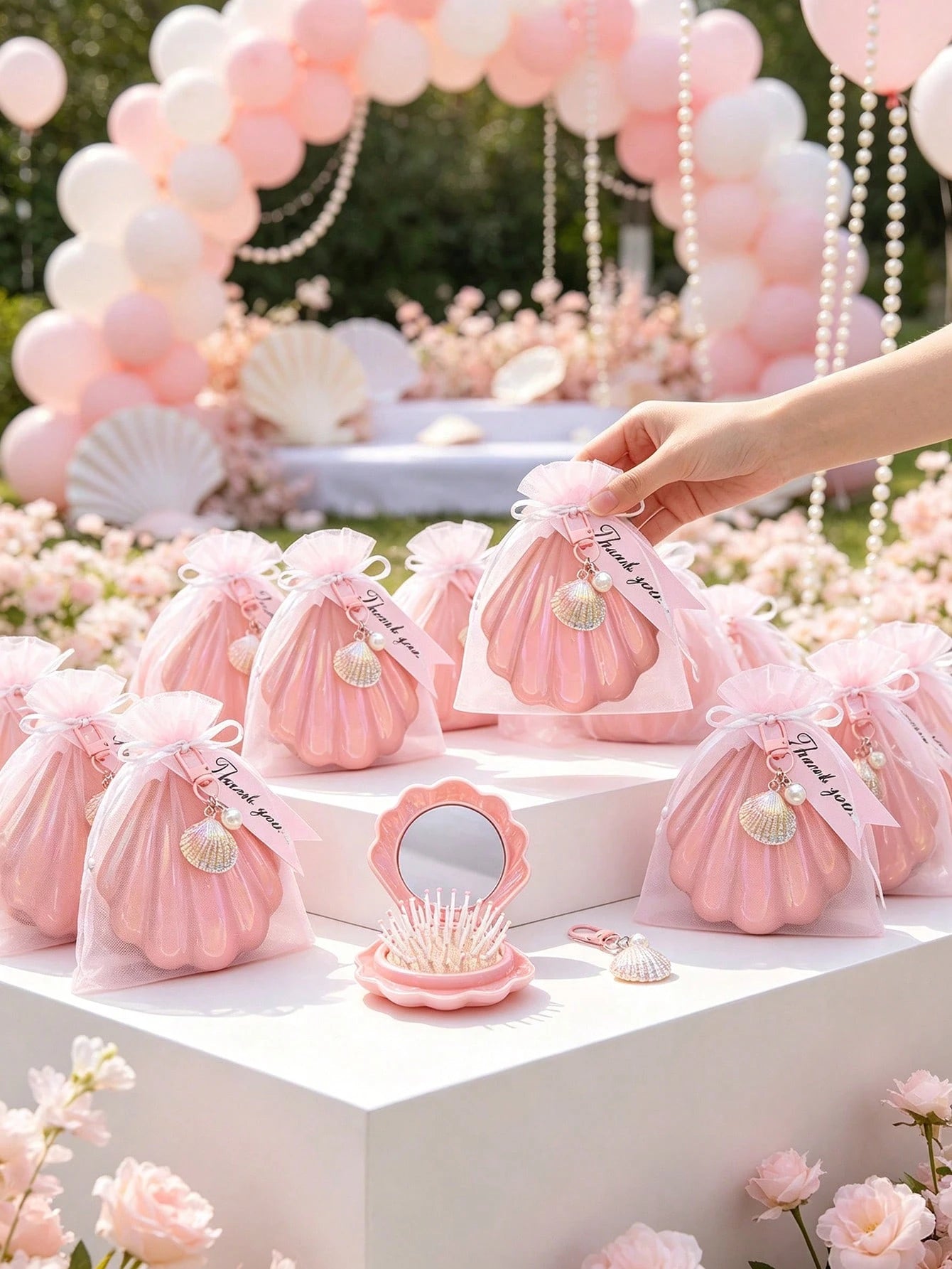6/4/1 Set- Pink Shell-Shaped Mini Folding Travel Comb With Mirror, Shell Pearl Keychain With Pink Organza Bag And Thank You Card Gift Set- DIY Fillable Gift Bag, Gift Packaging Bag Thank You Gift, I