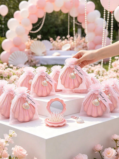 6/4/1 Set- Pink Shell-Shaped Mini Folding Travel Comb With Mirror, Shell Pearl Keychain With Pink Organza Bag And Thank You Card Gift Set- DIY Fillable Gift Bag, Gift Packaging Bag Thank You Gift, I