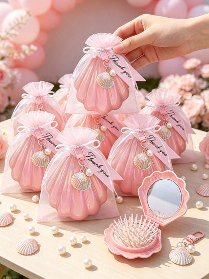 6/4/1 Set- Pink Shell-Shaped Mini Folding Travel Comb With Mirror, Shell Pearl Keychain With Pink Organza Bag And Thank You Card Gift Set- DIY Fillable Gift Bag, Gift Packaging Bag Thank You Gift, I