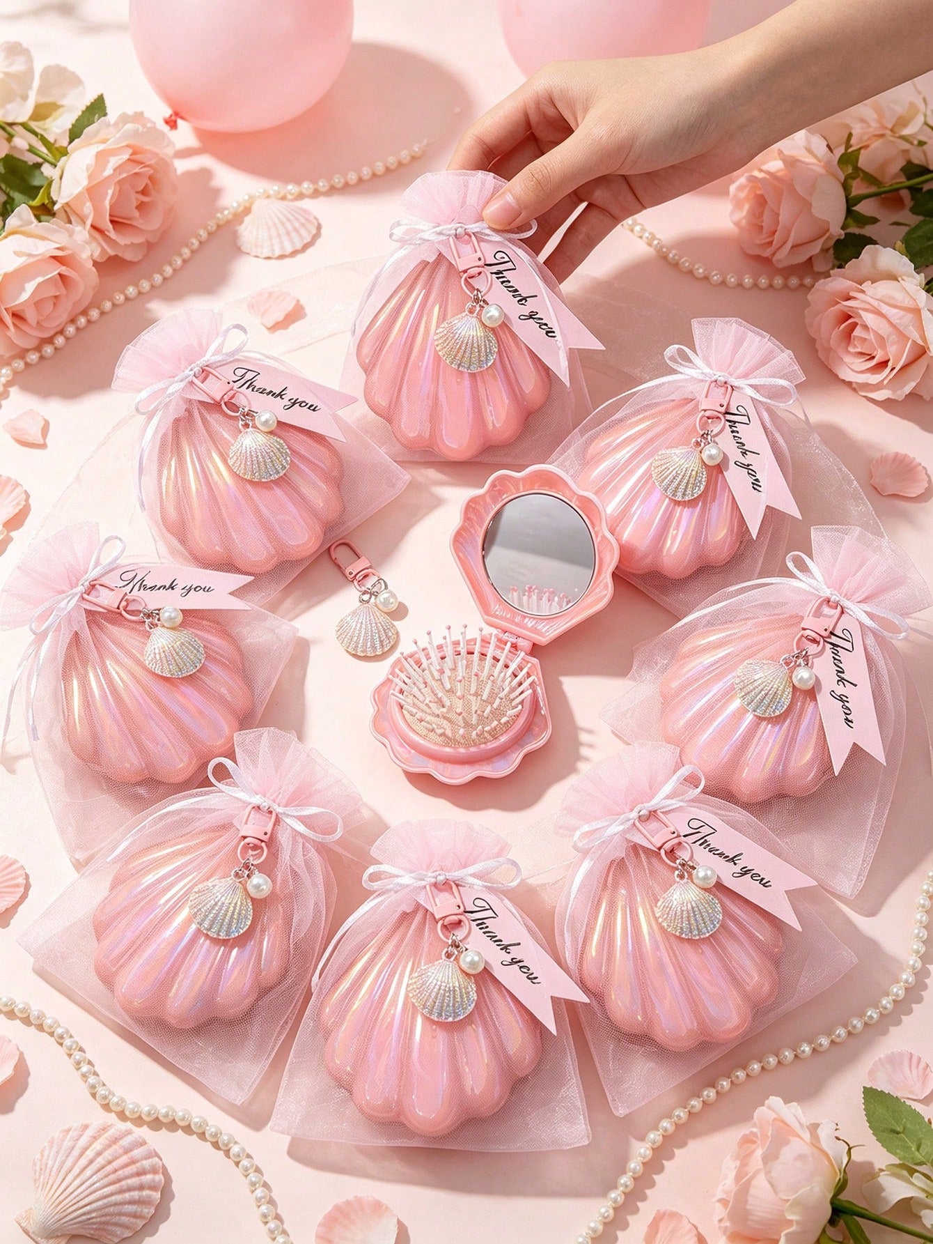 6/4/1 Set- Pink Shell-Shaped Mini Folding Travel Comb With Mirror, Shell Pearl Keychain With Pink Organza Bag And Thank You Card Gift Set- DIY Fillable Gift Bag, Gift Packaging Bag Thank You Gift, I