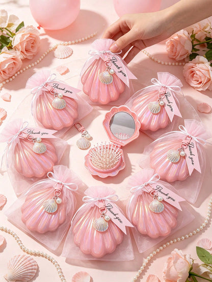 6/4/1 Set- Pink Shell-Shaped Mini Folding Travel Comb With Mirror, Shell Pearl Keychain With Pink Organza Bag And Thank You Card Gift Set- DIY Fillable Gift Bag, Gift Packaging Bag Thank You Gift, I