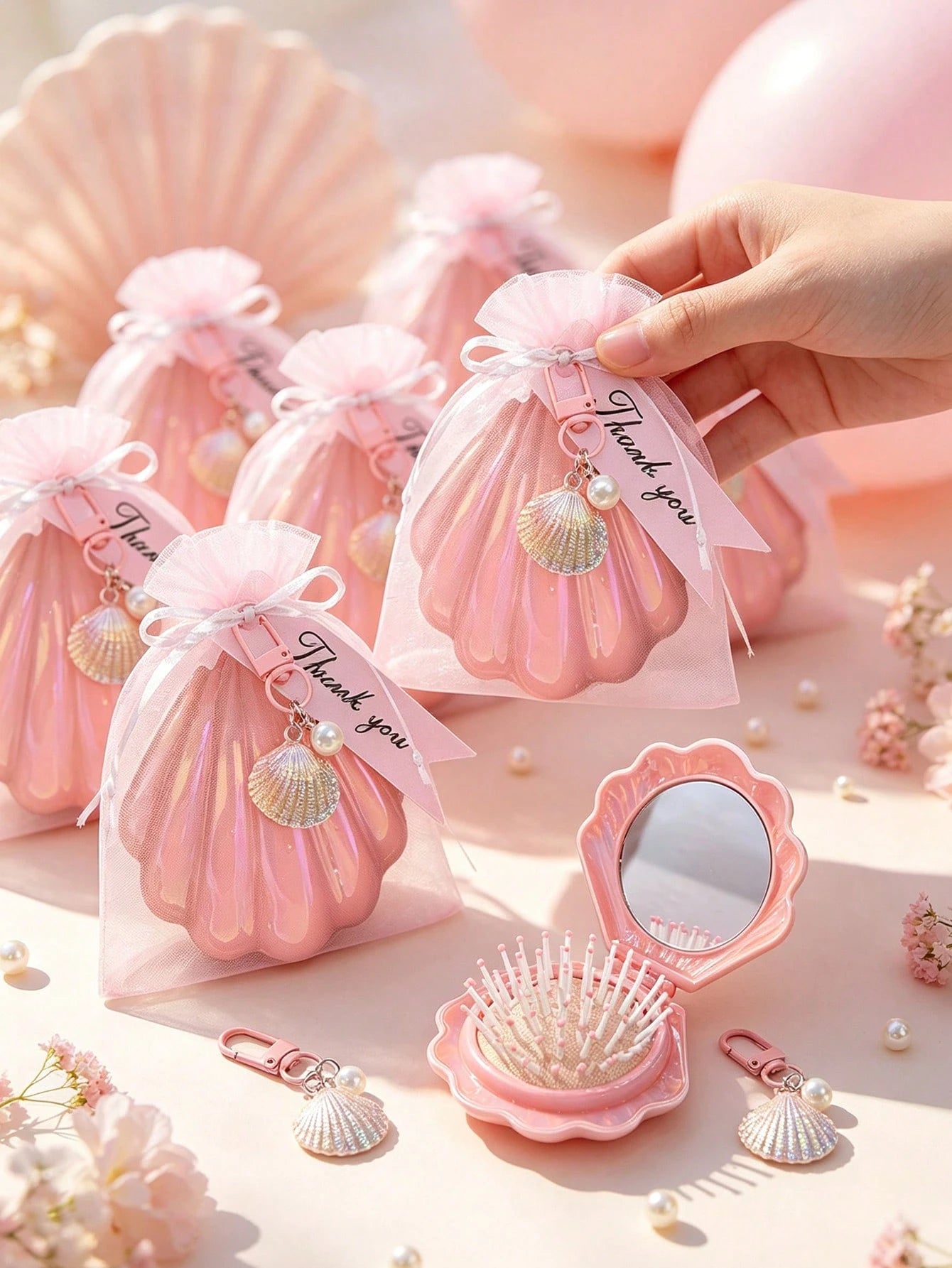 6/4/1 Set- Pink Shell-Shaped Mini Folding Travel Comb With Mirror, Shell Pearl Keychain With Pink Organza Bag And Thank You Card Gift Set- DIY Fillable Gift Bag, Gift Packaging Bag Thank You Gift, I