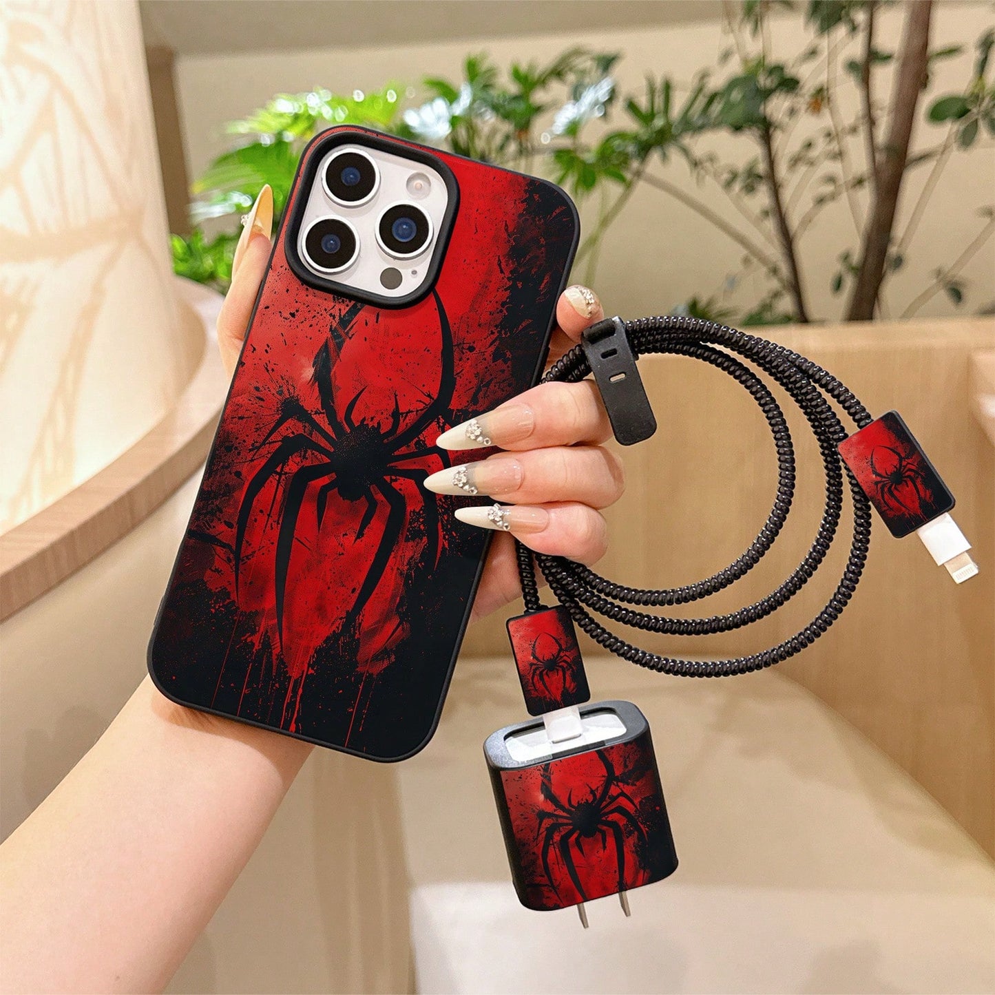 6-In-1 Liquid Black Spider Phone Case + Charger Head Cover + Cable Protector + Storage Rope + Data Cable Wrap Cord, Shockproof Matte Protective Case Compatible With IPhone 17 16e 16 15 14 13 12 11 Min