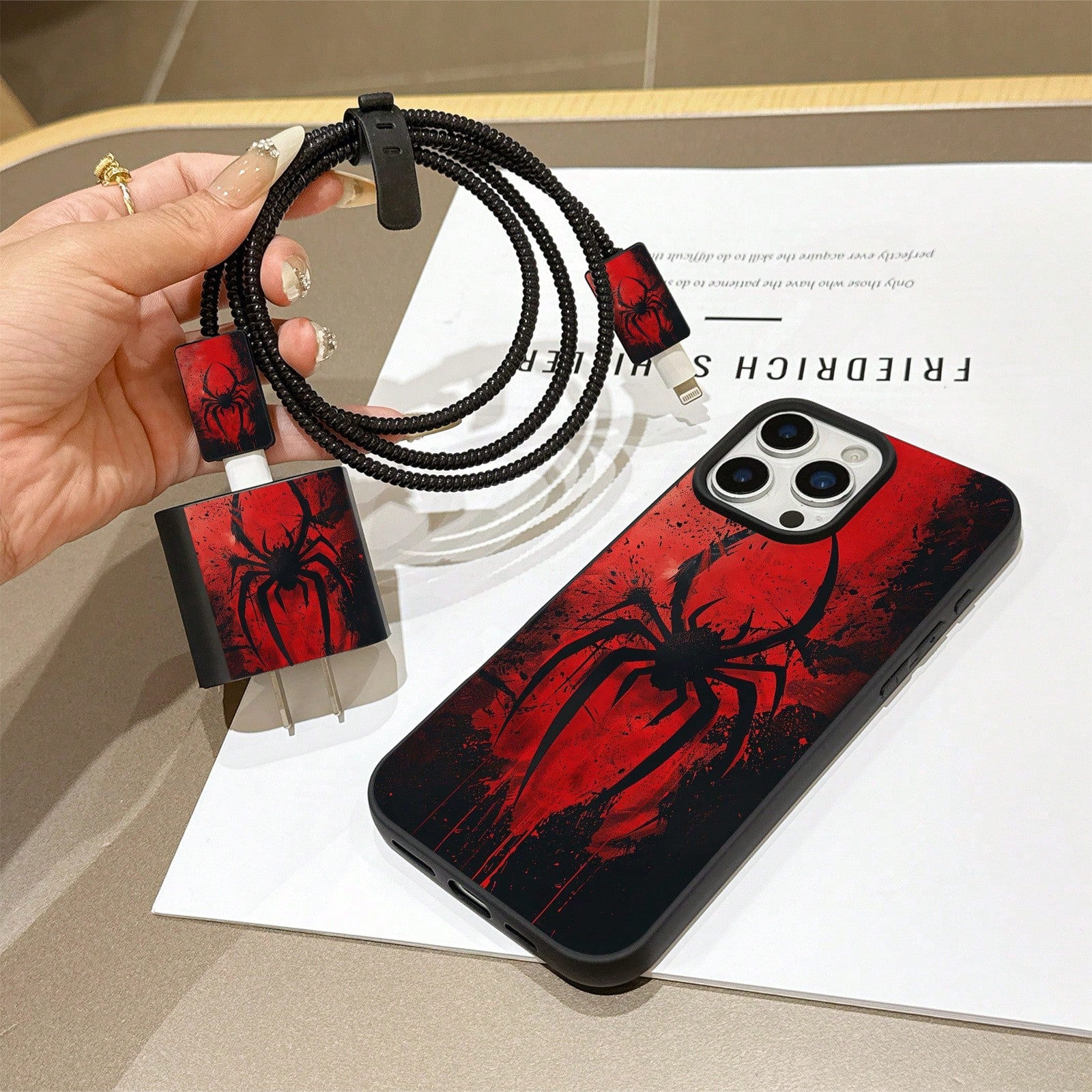 6-In-1 Liquid Black Spider Phone Case + Charger Head Cover + Cable Protector + Storage Rope + Data Cable Wrap Cord, Shockproof Matte Protective Case Compatible With IPhone 17 16e 16 15 14 13 12 11 Min