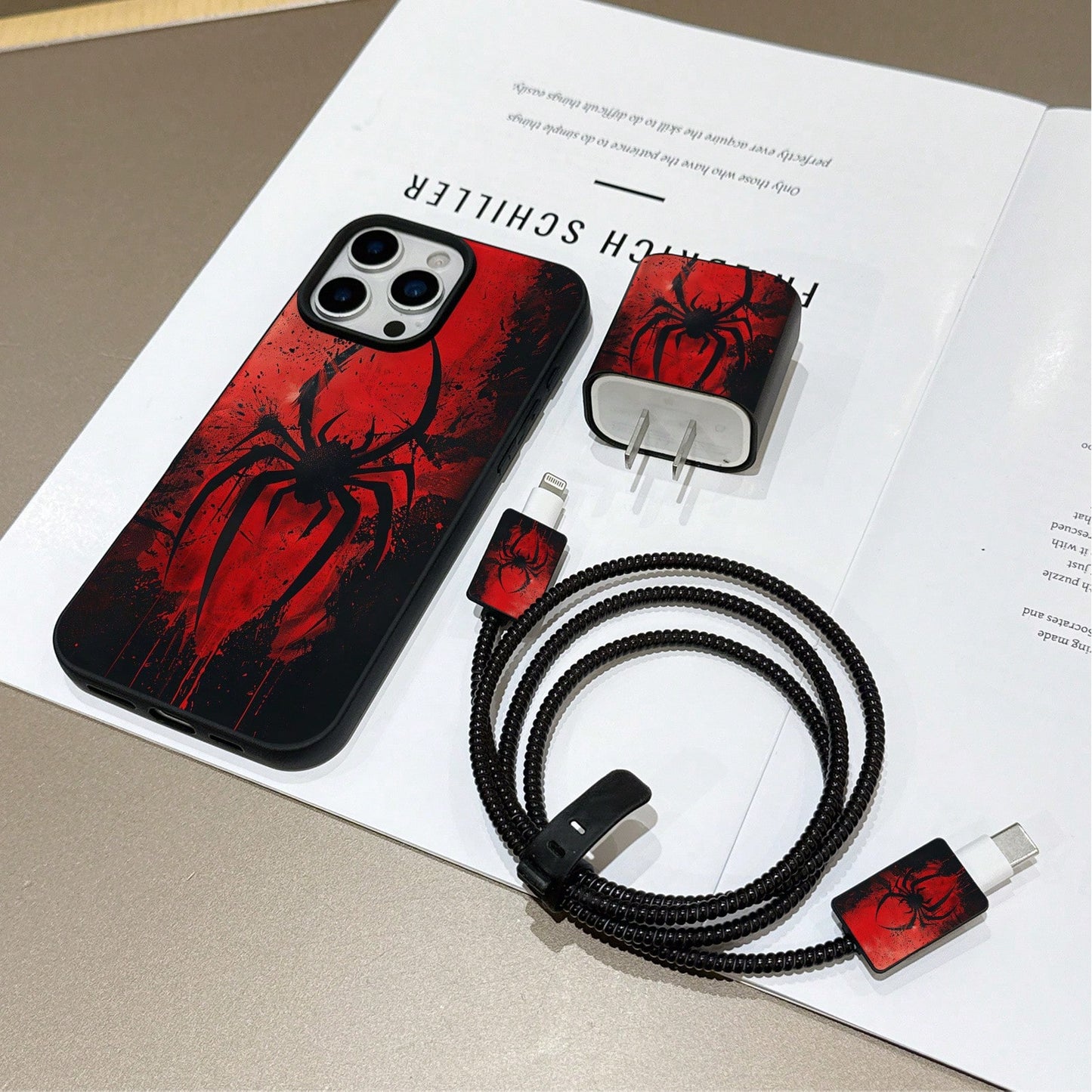 6-In-1 Liquid Black Spider Phone Case + Charger Head Cover + Cable Protector + Storage Rope + Data Cable Wrap Cord, Shockproof Matte Protective Case Compatible With IPhone 17 16e 16 15 14 13 12 11 Min