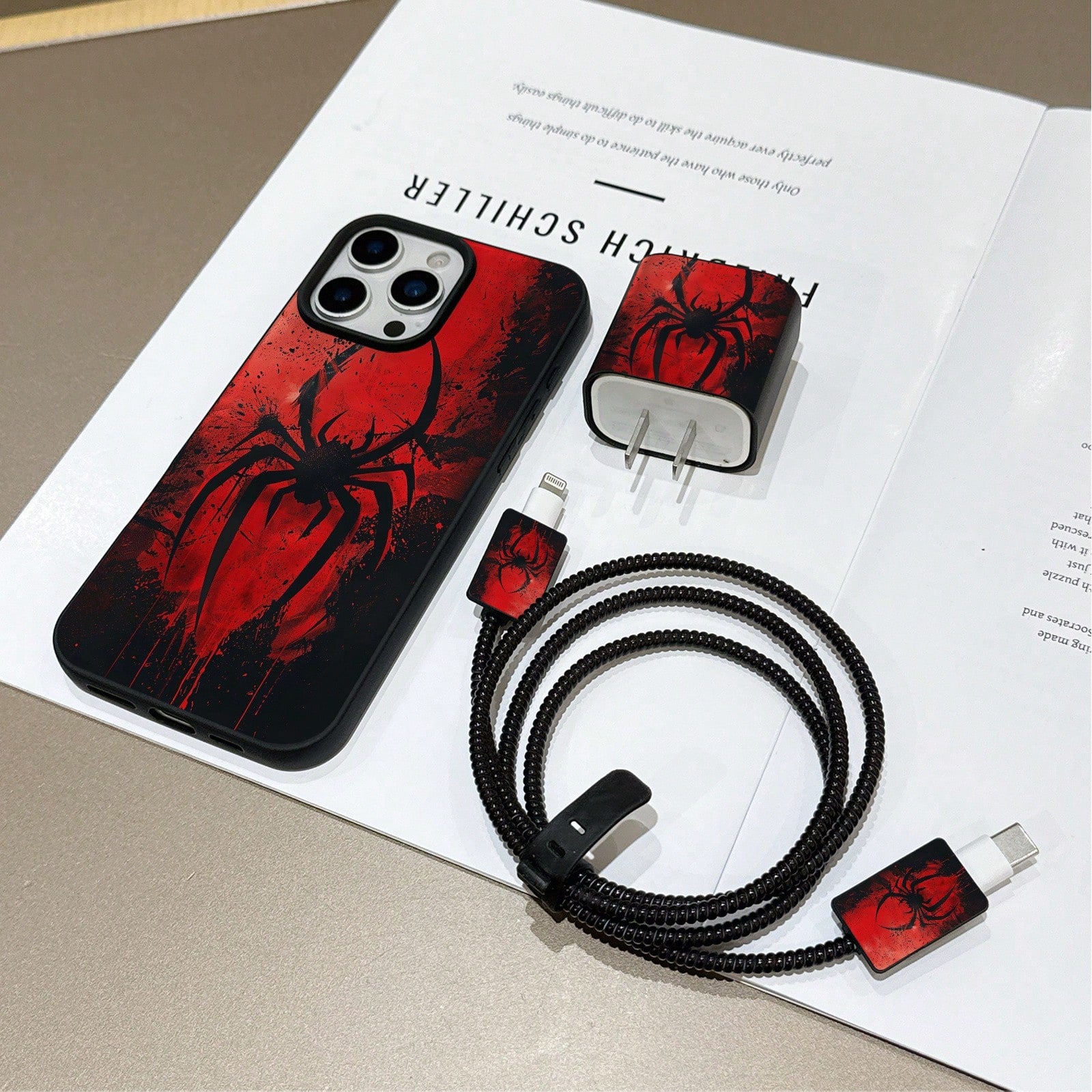 6-In-1 Liquid Black Spider Phone Case + Charger Head Cover + Cable Protector + Storage Rope + Data Cable Wrap Cord, Shockproof Matte Protective Case Compatible With IPhone 17 16e 16 15 14 13 12 11 Min