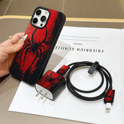 6-In-1 Liquid Black Spider Phone Case + Charger Head Cover + Cable Protector + Storage Rope + Data Cable Wrap Cord, Shockproof Matte Protective Case Compatible With IPhone 17 16e 16 15 14 13 12 11 Min