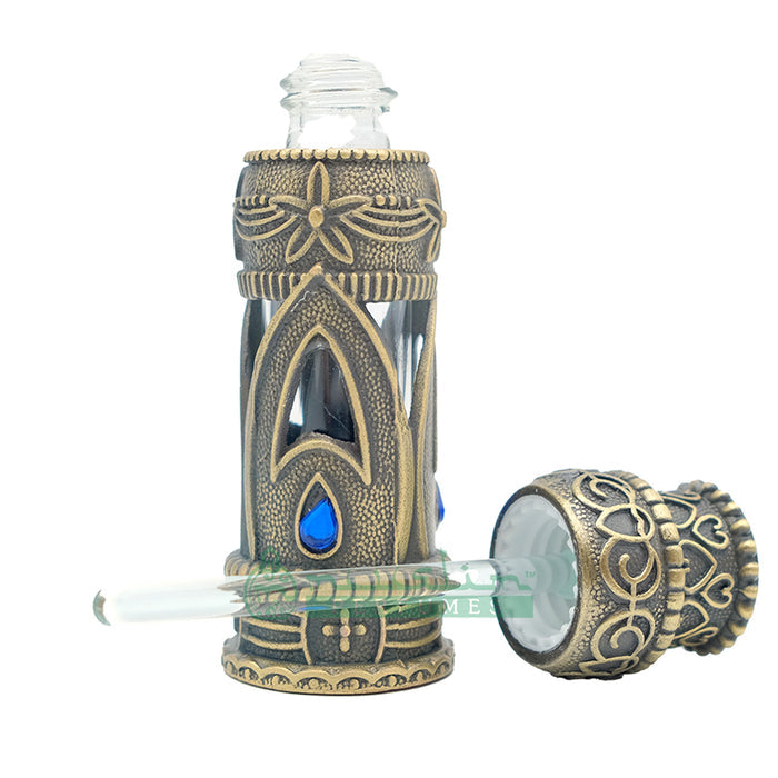 6 ml Pure Dark Malinau Oud Perfume Oil in Emirati Arabesque Antique Brass Glass Dipstick Bottle