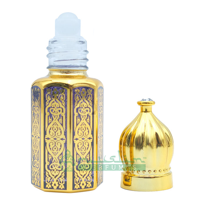 6 ml Tahara Musk Perfume Oil in Gold-Tone Arabesque Jeweled Dome Roll-On Glass Bottle (Dark Blue, Blue, or Red)