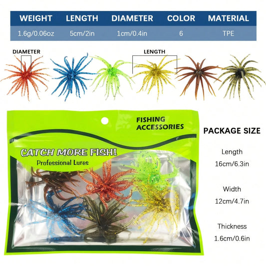 6-Piece Set Of Sea Urchin-Shaped Soft Bait Lures- Floating Swim Action Lures With Tentacles, Suitable For Trout, Bass, Sunfish, And Both Saltwater And Freshwater. Special Sea Urchin Lures For Tackle