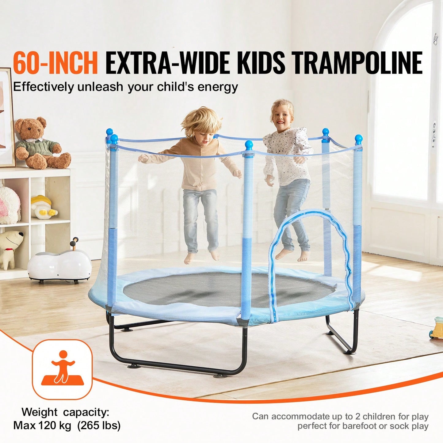 60" Kids Trampoline, 5FT Indoor Outdoor Trampoline, Mini Toddler Recreational Trampolinewith Safety Enclosure Net And Basketball Hoop, Birthday Gifts Christmas Toys For 3+ Years Children, Blue