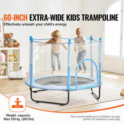 60" Kids Trampoline, 5FT Indoor Outdoor Trampoline, Mini Toddler Recreational Trampolinewith Safety Enclosure Net And Basketball Hoop, Birthday Gifts Christmas Toys For 3+ Years Children, Blue