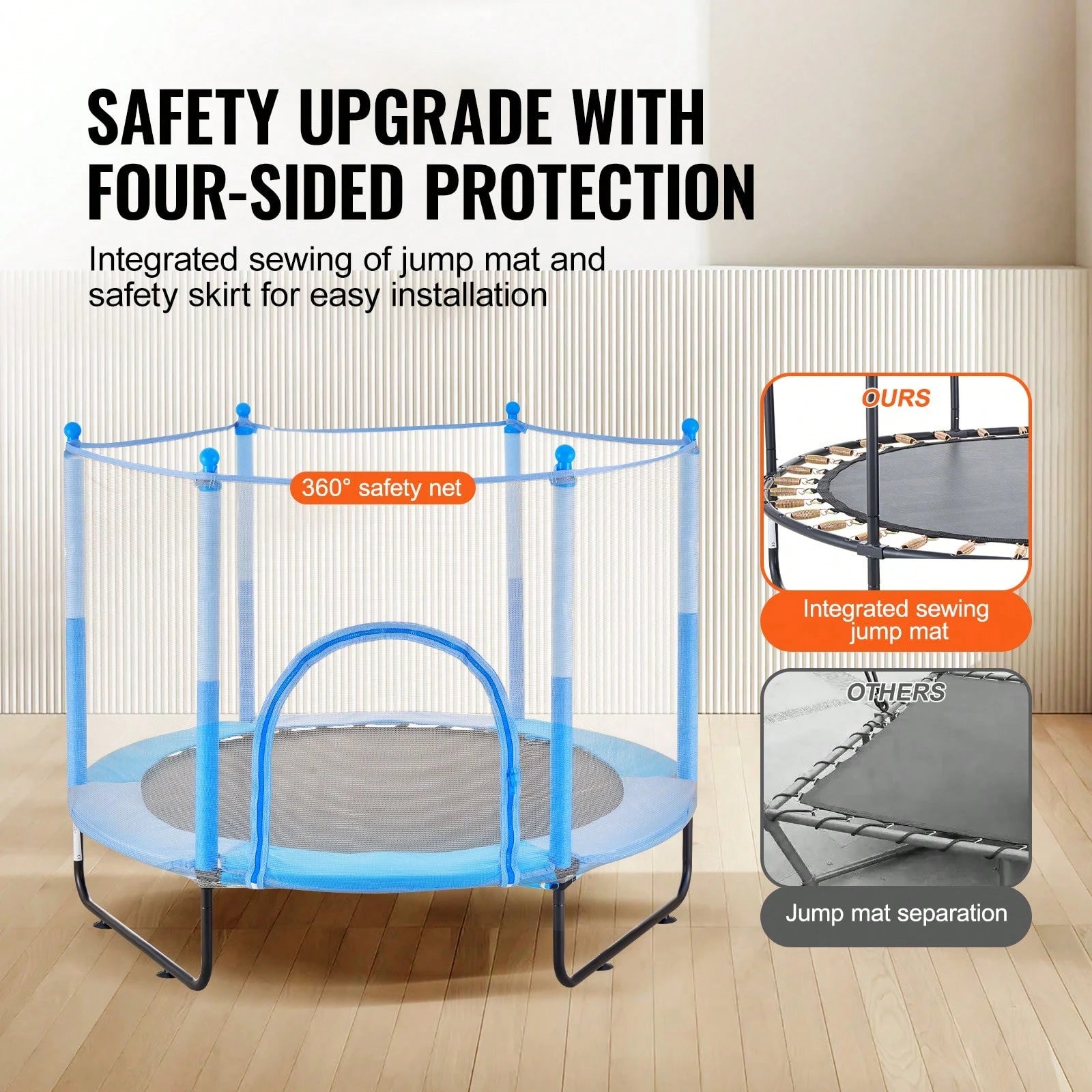 60" Kids Trampoline, 5FT Indoor Outdoor Trampoline, Mini Toddler Recreational Trampolinewith Safety Enclosure Net And Basketball Hoop, Birthday Gifts Christmas Toys For 3+ Years Children, Blue