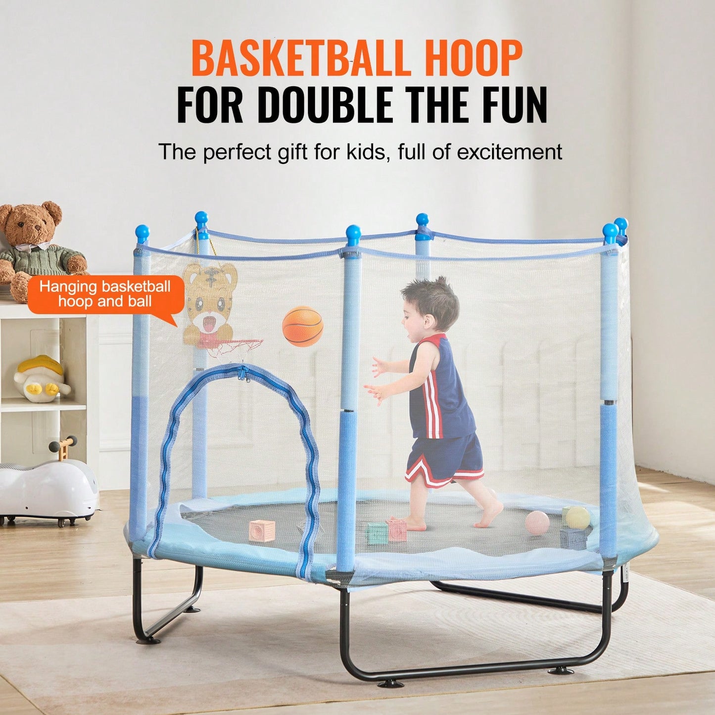 60" Kids Trampoline, 5FT Indoor Outdoor Trampoline, Mini Toddler Recreational Trampolinewith Safety Enclosure Net And Basketball Hoop, Birthday Gifts Christmas Toys For 3+ Years Children, Blue