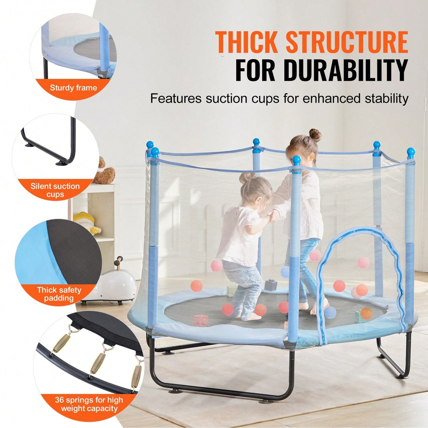 60" Kids Trampoline, 5FT Indoor Outdoor Trampoline, Mini Toddler Recreational Trampolinewith Safety Enclosure Net And Basketball Hoop, Birthday Gifts Christmas Toys For 3+ Years Children, Blue