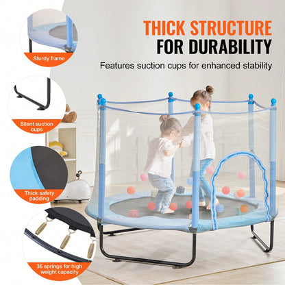 60" Kids Trampoline, 5FT Indoor Outdoor Trampoline, Mini Toddler Recreational Trampolinewith Safety Enclosure Net And Basketball Hoop, Birthday Gifts Christmas Toys For 3+ Years Children, Blue