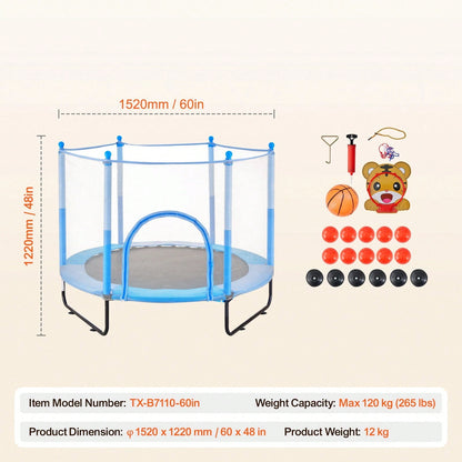 60" Kids Trampoline, 5FT Indoor Outdoor Trampoline, Mini Toddler Recreational Trampolinewith Safety Enclosure Net And Basketball Hoop, Birthday Gifts Christmas Toys For 3+ Years Children, Blue