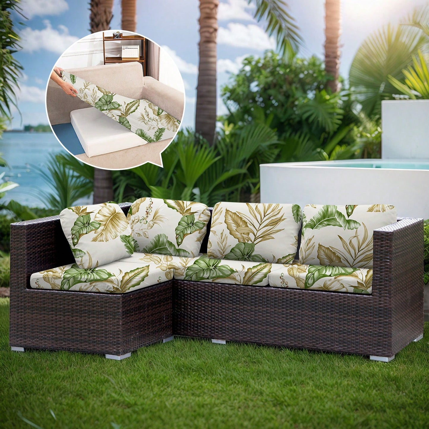 6PACK Patio Stretch Sofa Cushion Covers Outdoor Cushion Couch Cover Replacement,Waterproof Sofa Seat Cover Flexibility Chair Cushion Cover For Porch Patio Furniture Protector Cushion Slipcover