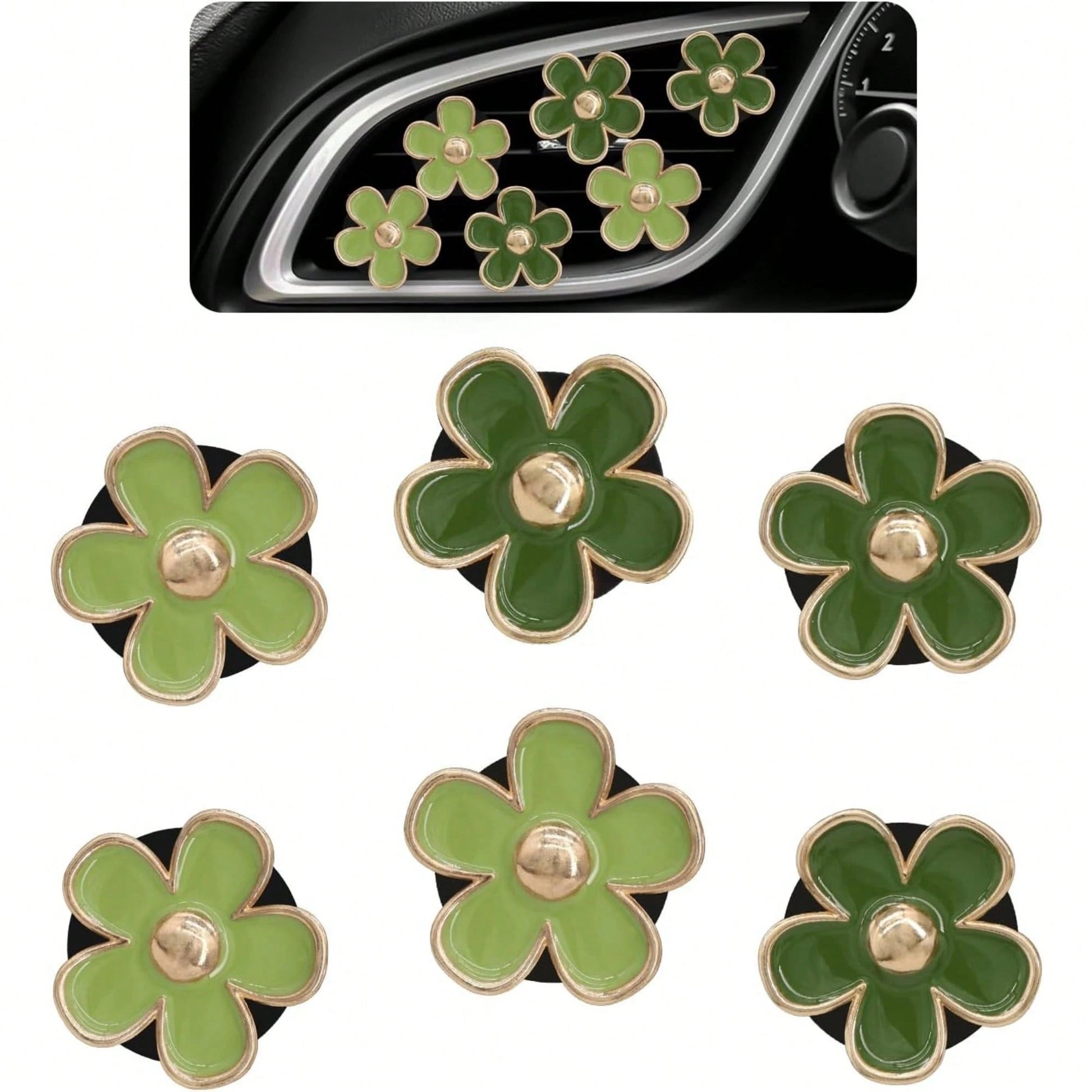 6Pcs Green Daisy Car Air Vent Clips, Two Sizes Sage Olive Green Flower Car Dashboard Decorations